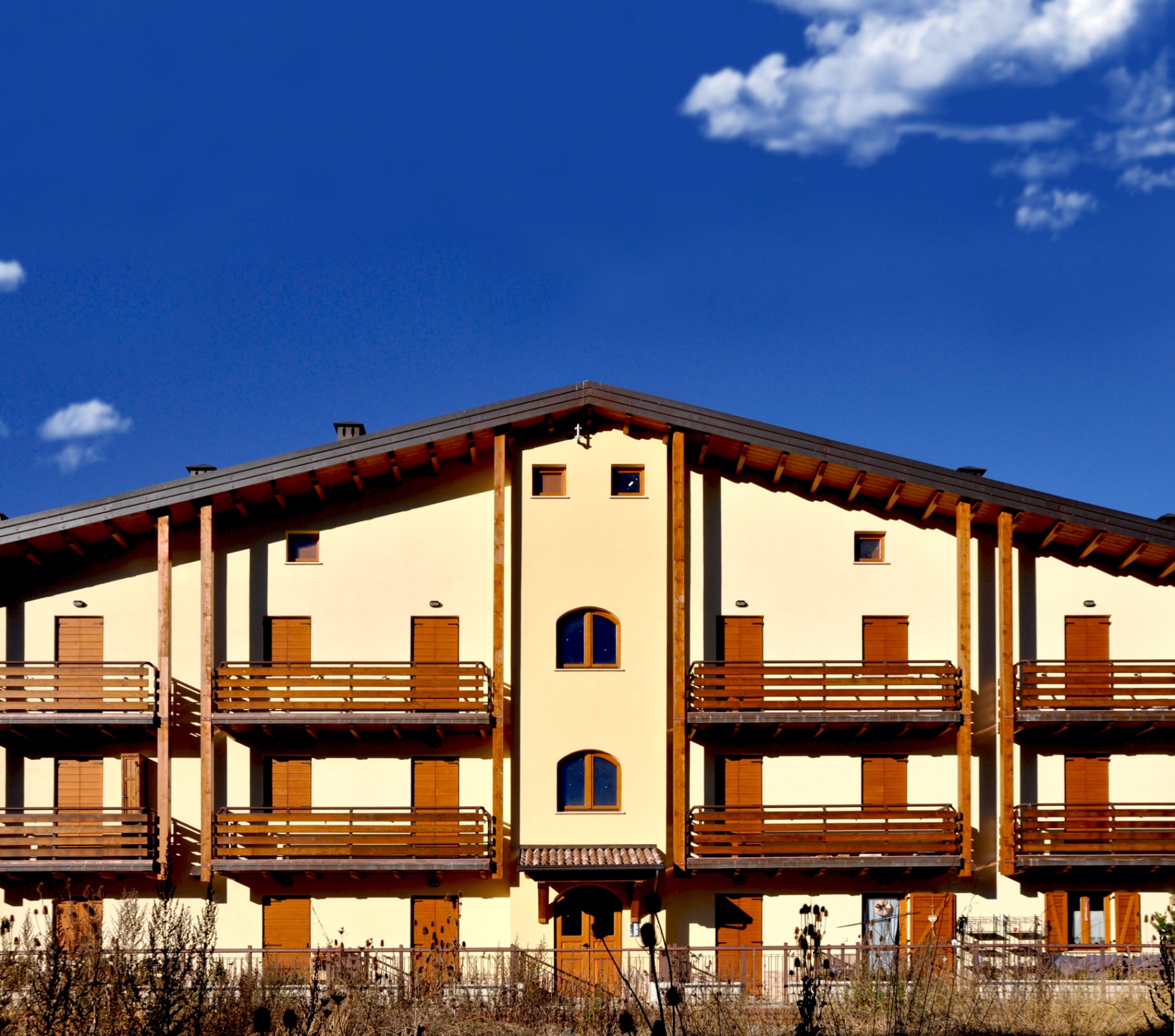 Facciata contemporanea in legno scuro con grandi finestre