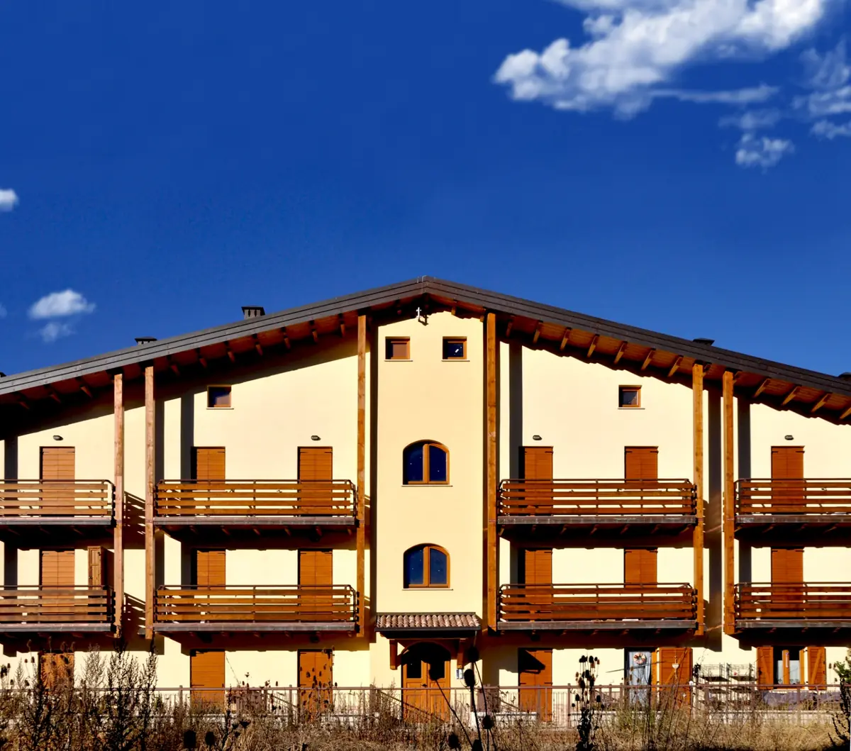 Facciata contemporanea in legno scuro con grandi finestre